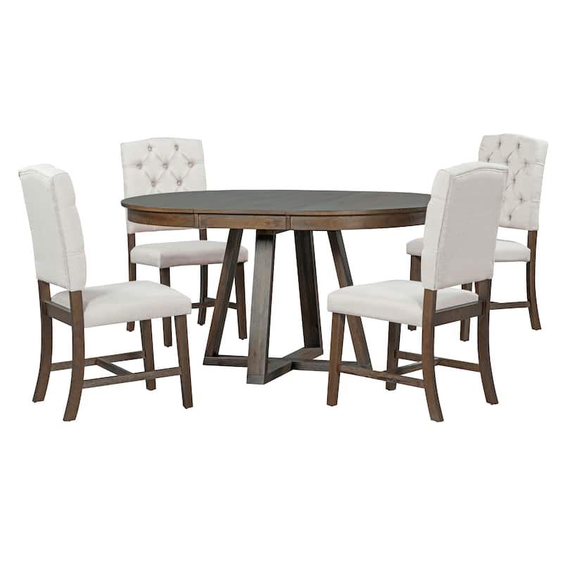 5 Piece Round Dining Table Set, Functional Round Table with a 16" W Leaf and 4 Upholstered